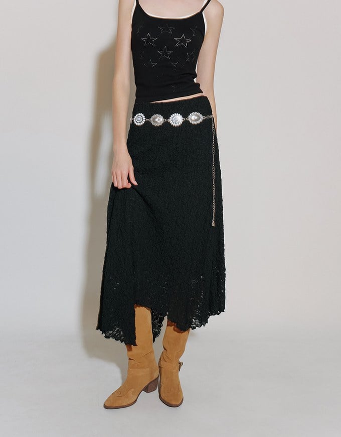 Lace Asymmetrical Hem High Waist Maxi Skirt