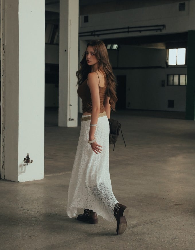Lace Asymmetrical Hem High Waist Maxi Skirt