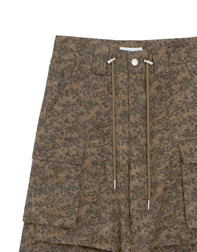 Drawstring Waist Wide Leg Cargo Pants (Camo Print/Leopard Print)