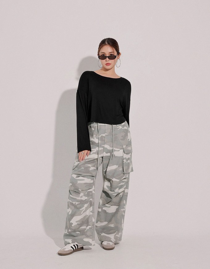 Drawstring Waist Wide Leg Cargo Pants (Camo Print/Leopard Print)