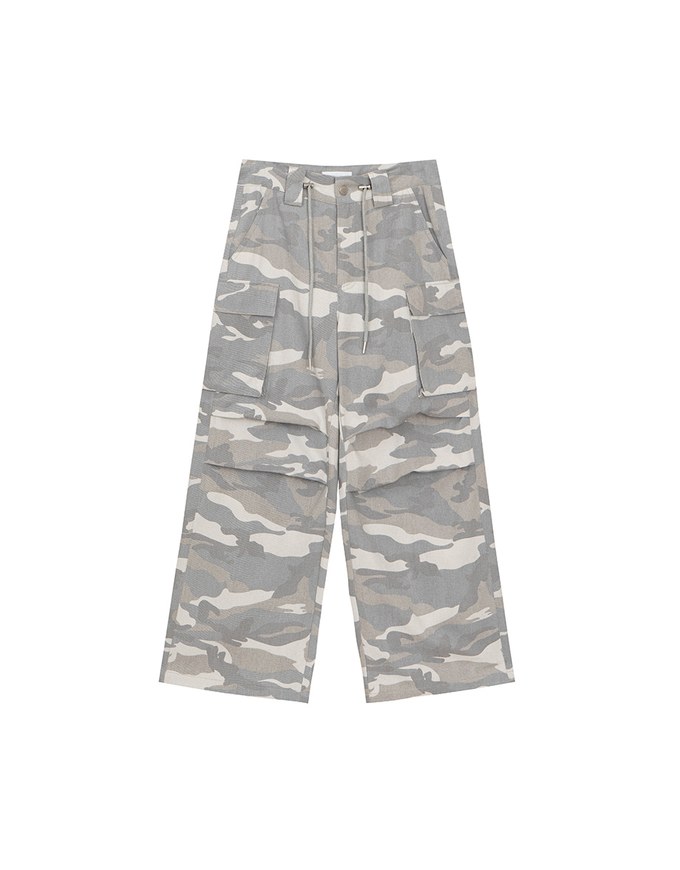 Drawstring Waist Wide Leg Cargo Pants (Camo Print/Leopard Print)