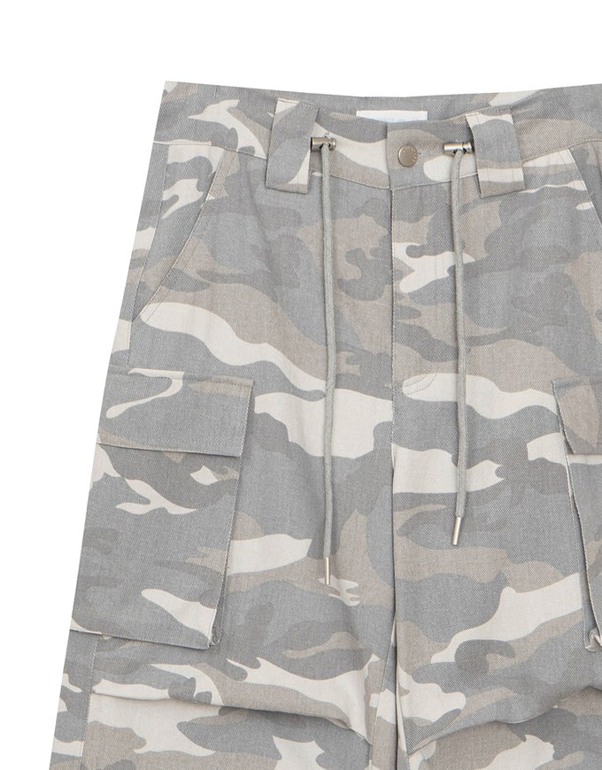 Drawstring Waist Wide Leg Cargo Pants (Camo Print/Leopard Print)