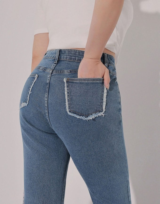 Classic High Waist Frayed Edge Flared Jeans Denim Pants
