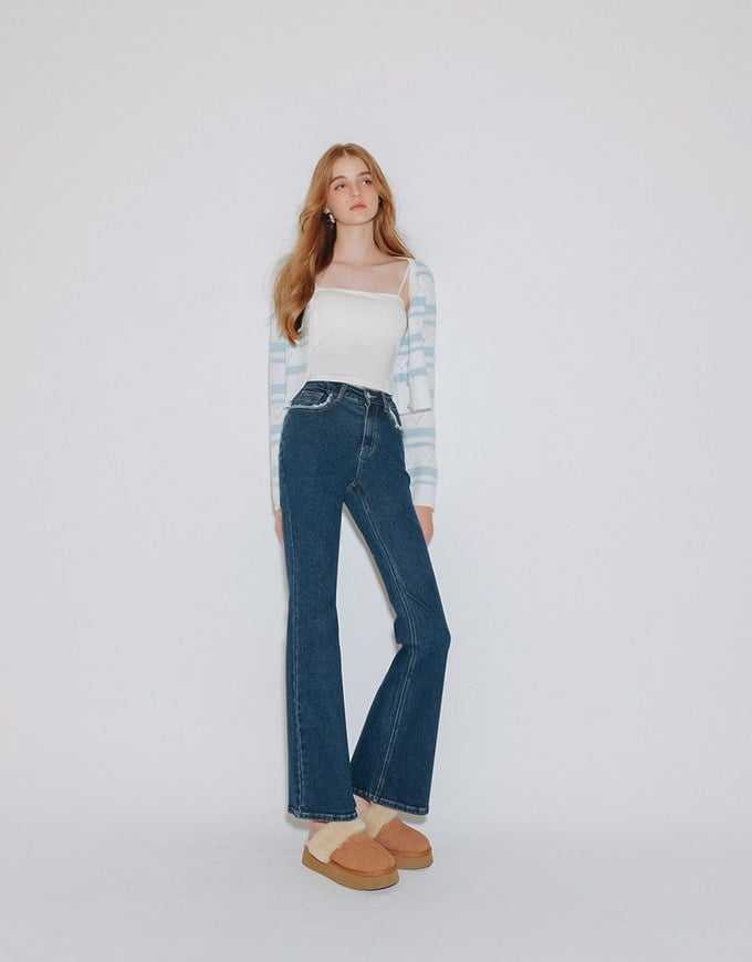Classic High Waist Frayed Edge Flared Jeans Denim Pants