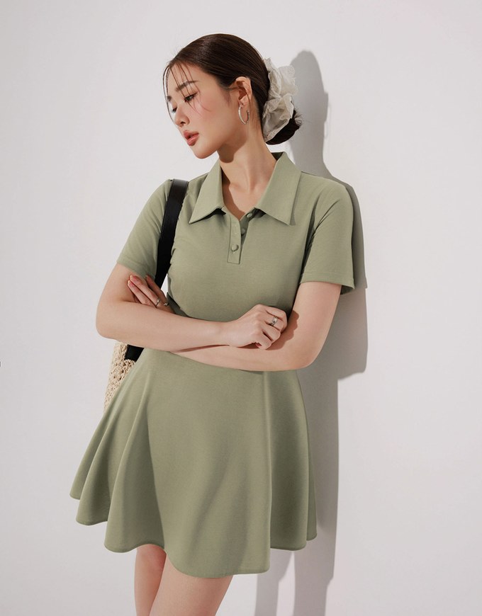 Polo Collar Flared Hem Mini Dress