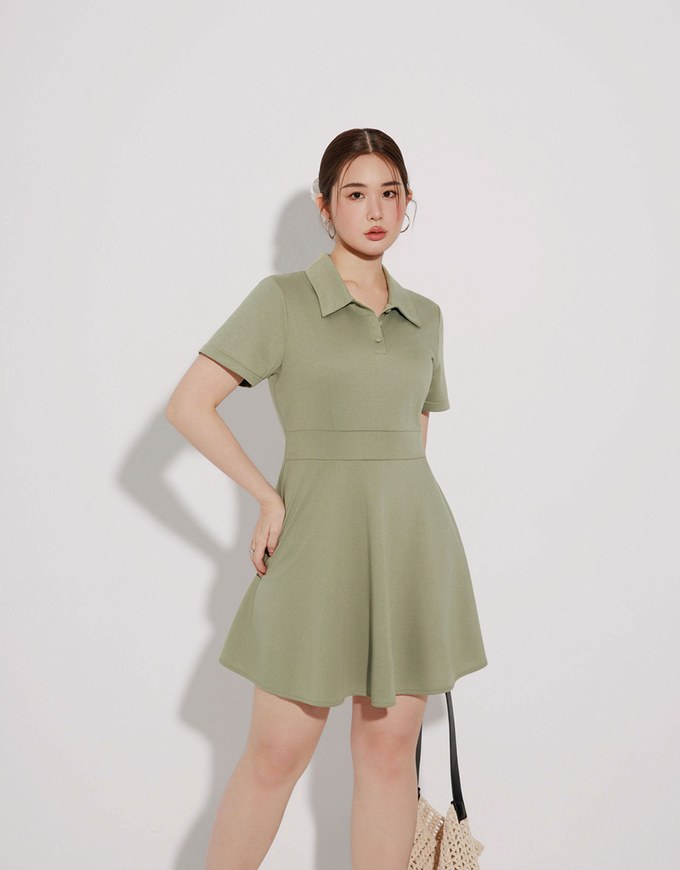 Polo Collar Flared Hem Mini Dress