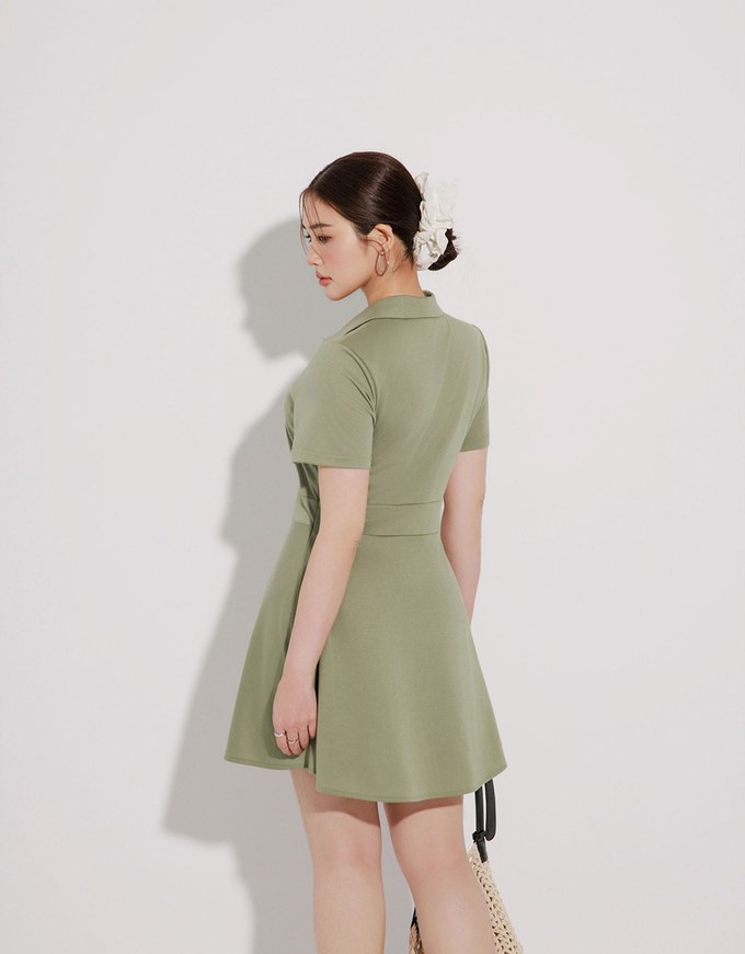 Polo Collar Flared Hem Mini Dress