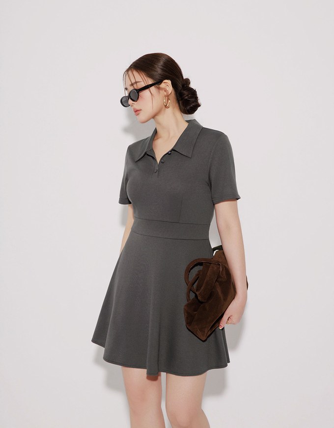 Polo Collar Flared Hem Mini Dress