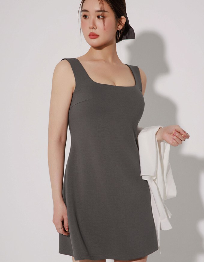 Classic Square Neck Wide Strap Fitted Padded Mini Dress