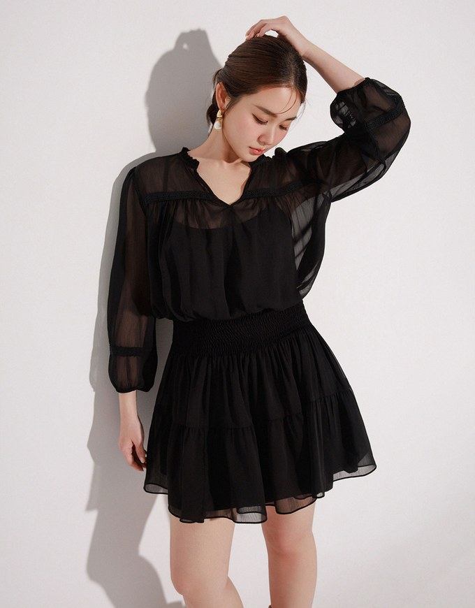 Lace Trim Drawstring Sleeve Cropped Cardigan and Elastic Waist A Line Mini Skirt Set Wear