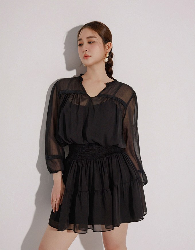 Lace Trim Drawstring Sleeve Cropped Cardigan and Elastic Waist A Line Mini Skirt Set Wear