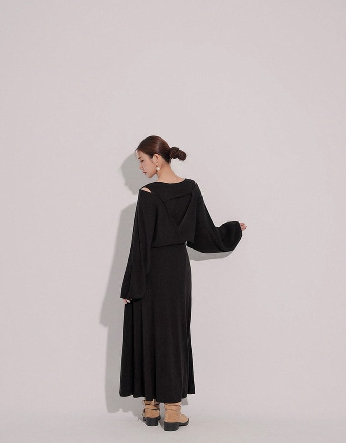 Sleeveless Knit Maxi Dress and Detachable Sleeve Cardigan Set Wear