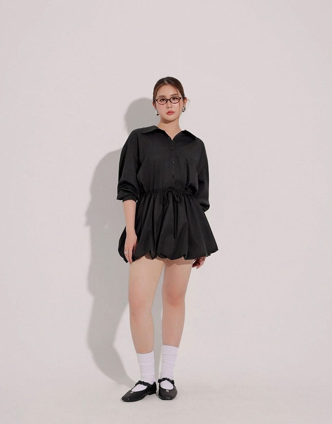Adjustable Drawstring Waist Balloon Hem Shirt Dress