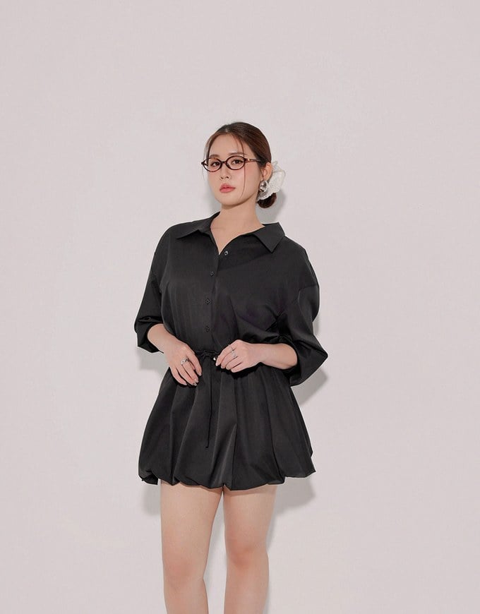 Adjustable Drawstring Waist Balloon Hem Shirt Dress