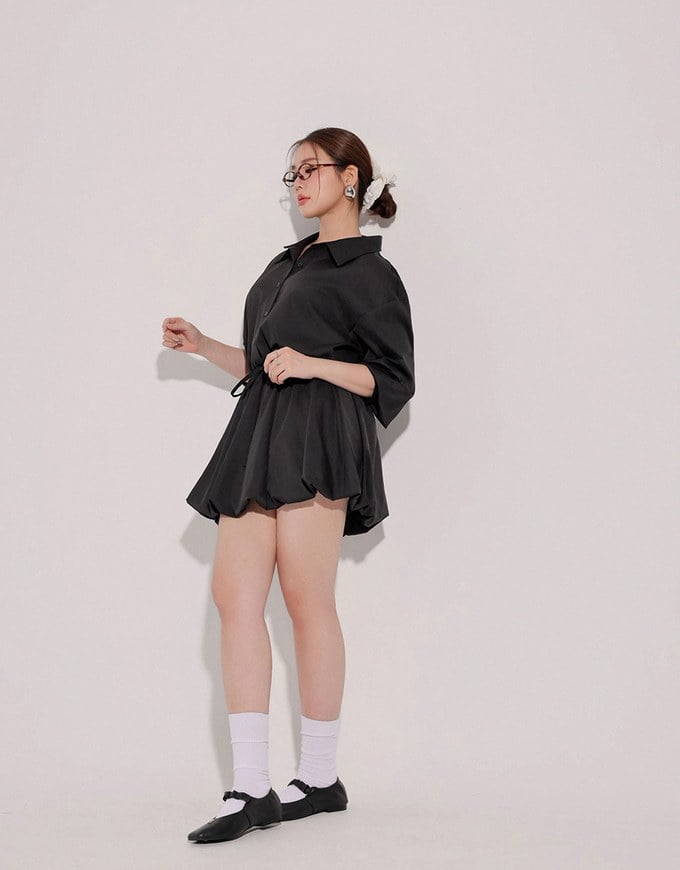 Adjustable Drawstring Waist Balloon Hem Shirt Dress