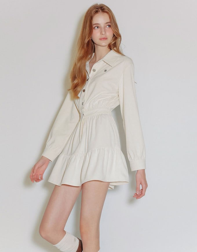 Collared Waist Cinched Button Front Shirt Mini Dress with AIR SPACE Logo Embroidered