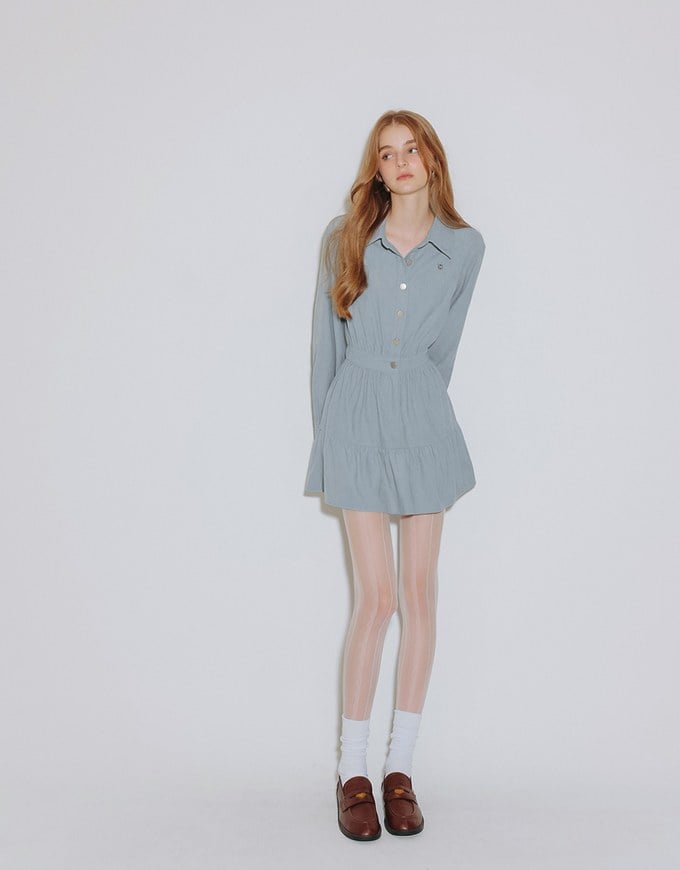 Collared Waist Cinched Button Front Shirt Mini Dress with AIR SPACE Logo Embroidered