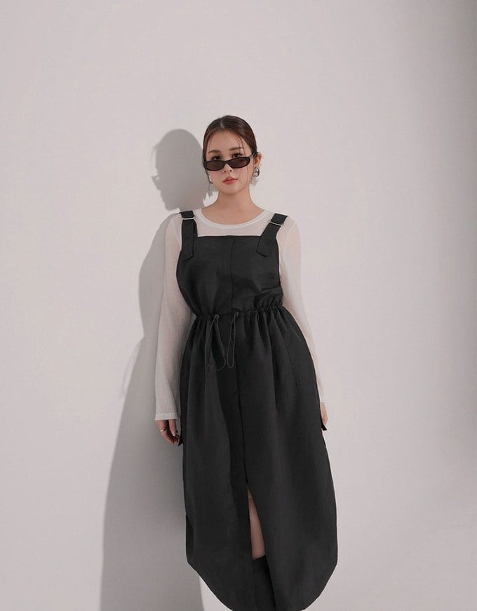 Adjustable Strap Drawstring Waist Cargo Maxi Dress