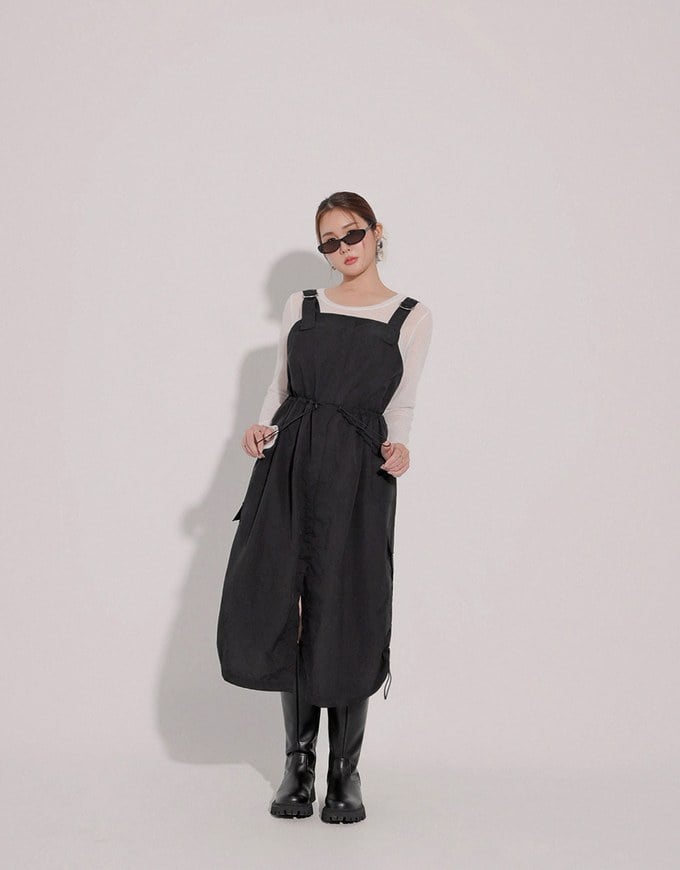 Adjustable Strap Drawstring Waist Cargo Maxi Dress