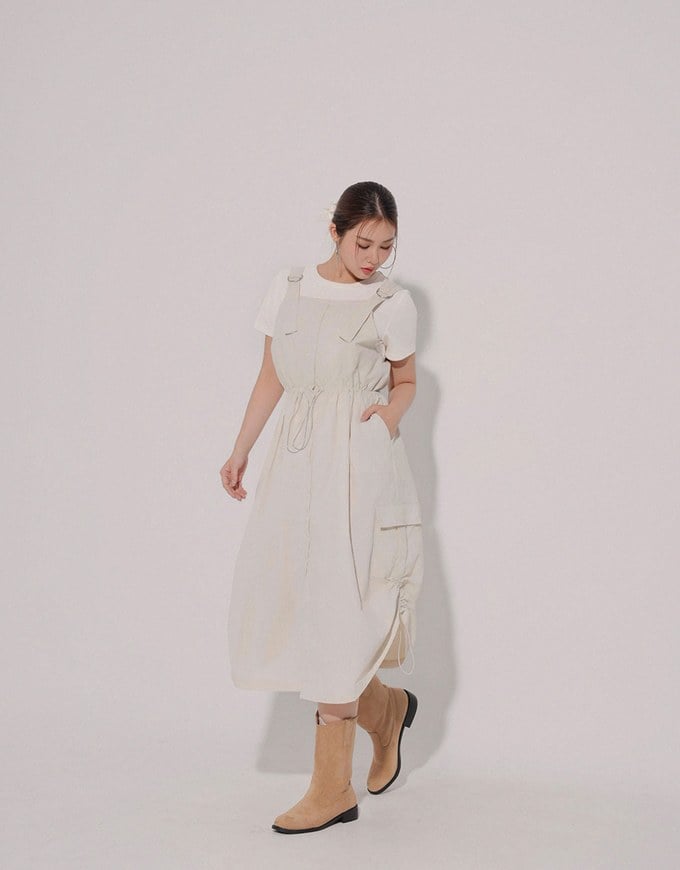 Adjustable Strap Drawstring Waist Cargo Maxi Dress