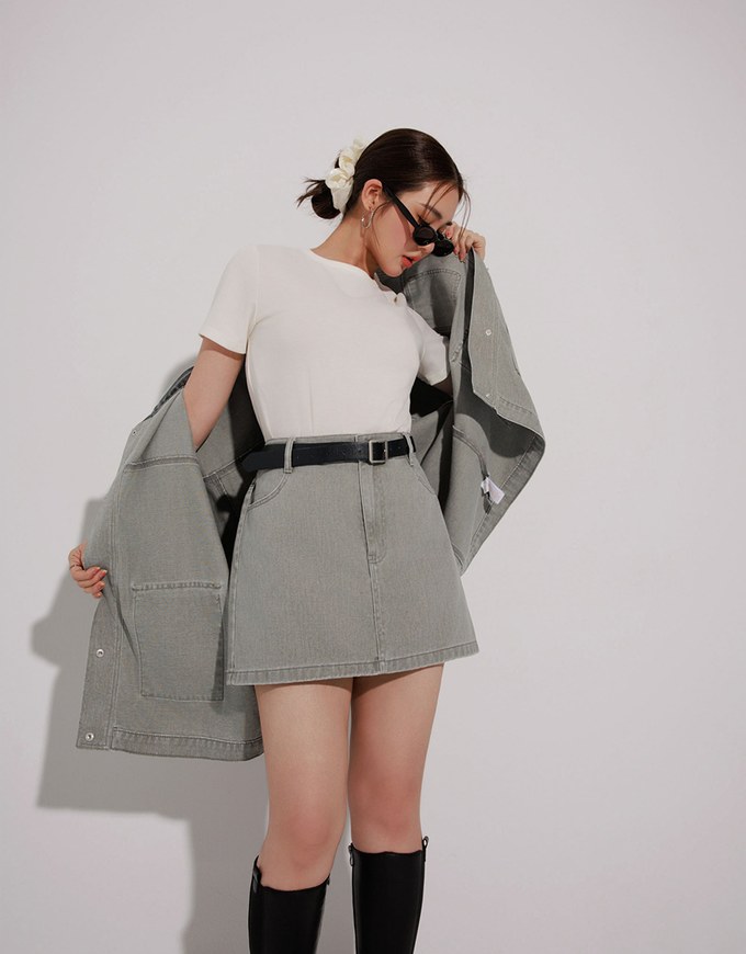 Contrast Collar Short Sleeve Jeans Denim Jacket