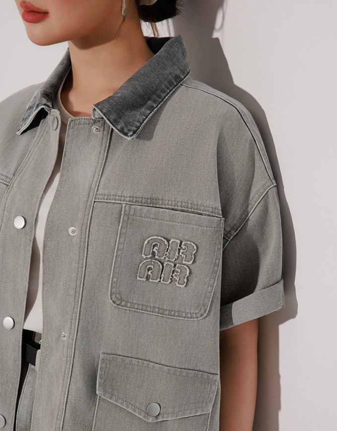 Contrast Collar Short Sleeve Jeans Denim Jacket