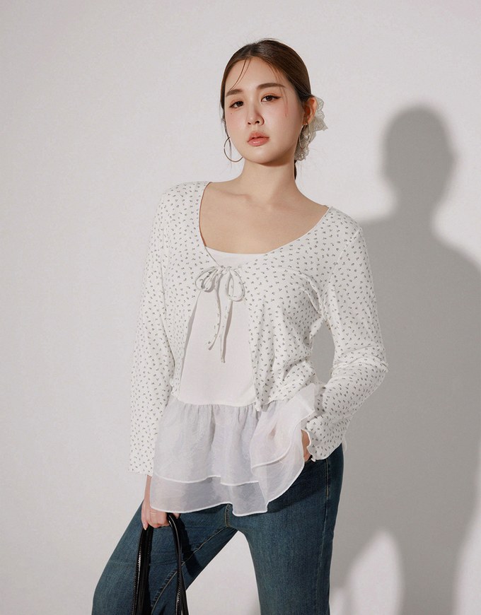 Floral Print Ribbed Tie Front Cropped Cardigan