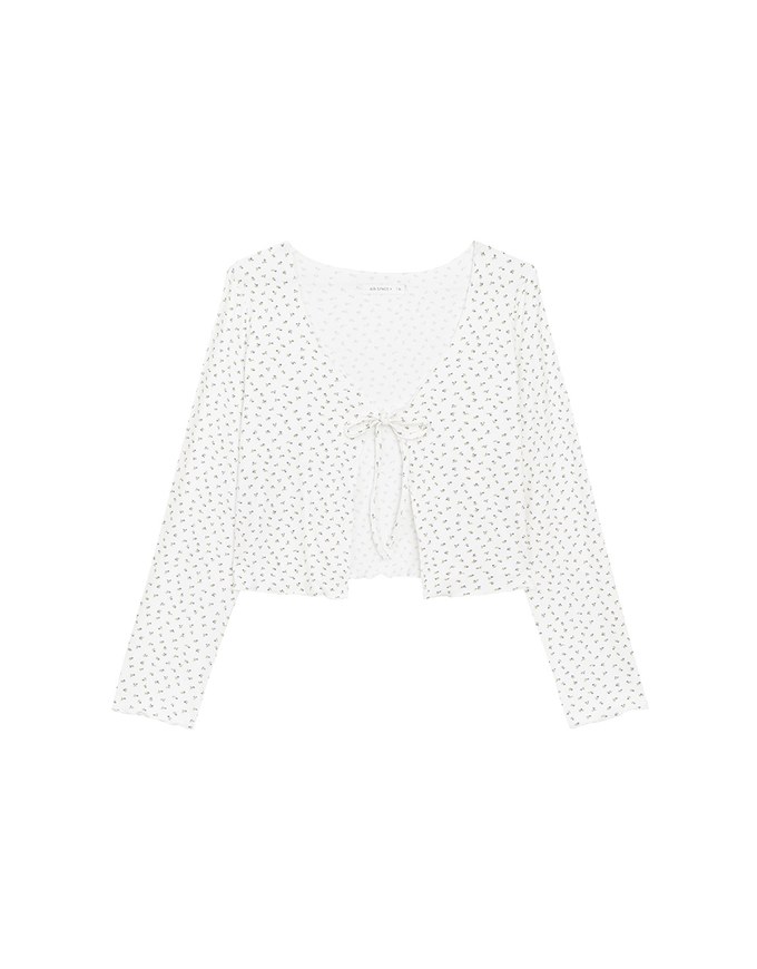 Floral Print Ribbed Tie Front Cropped Cardigan