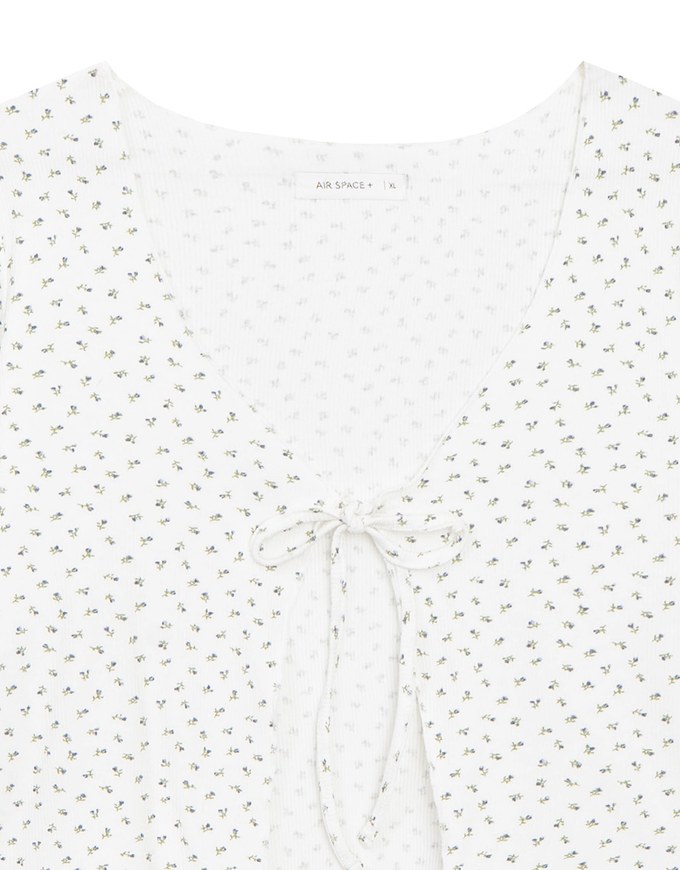Floral Print Ribbed Tie Front Cropped Cardigan