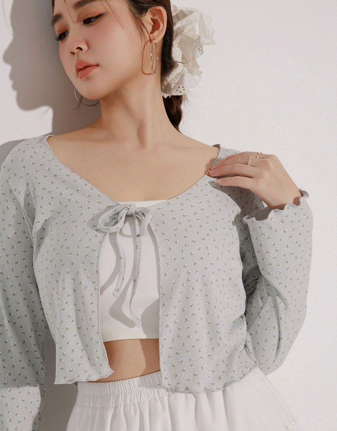 Floral Print Ribbed Tie Front Cropped Cardigan