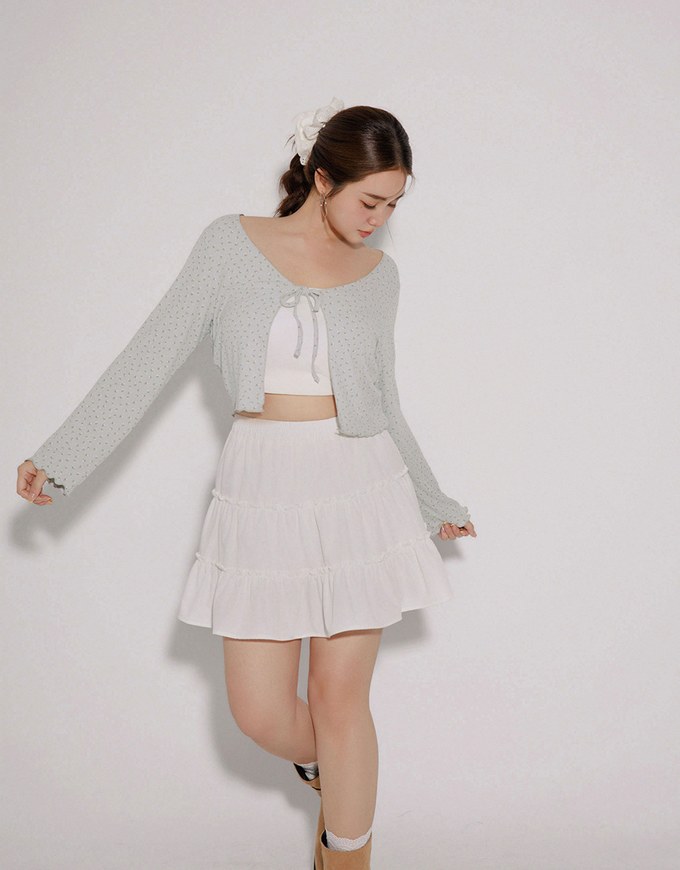 Floral Print Ribbed Tie Front Cropped Cardigan