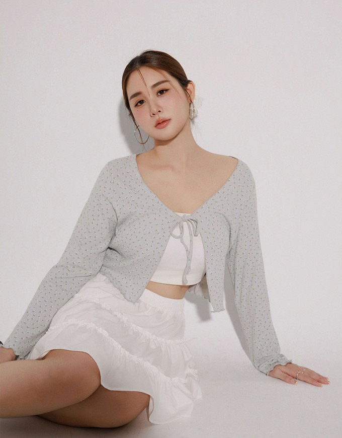Floral Print Ribbed Tie Front Cropped Cardigan