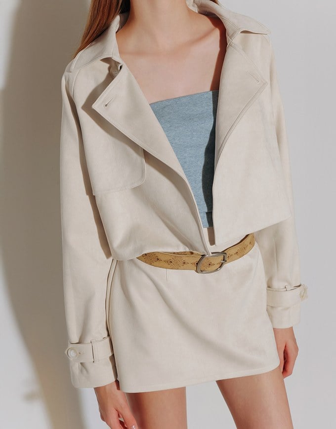 Classic Collar Faux Suede Cropped Trench Jacket