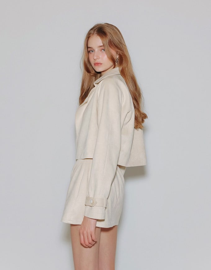 Classic Collar Faux Suede Cropped Trench Jacket