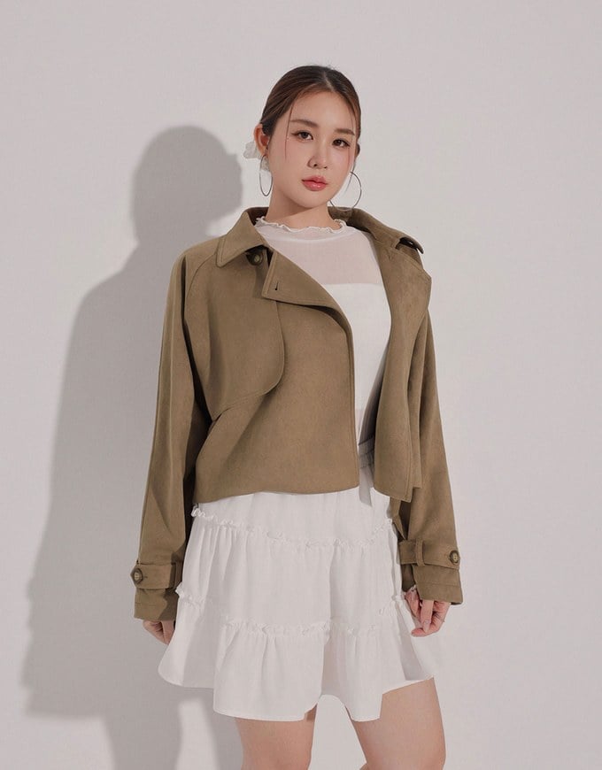 Classic Collar Faux Suede Cropped Trench Jacket
