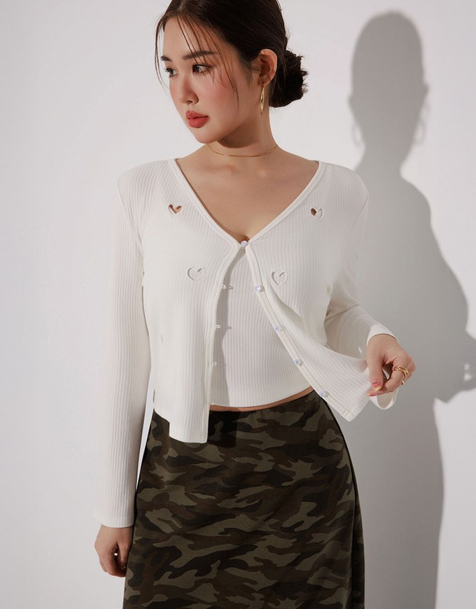 Heart Cutout Buttoned Knit Cardigan and Spaghetti Strap Crop Camisole Set Wear