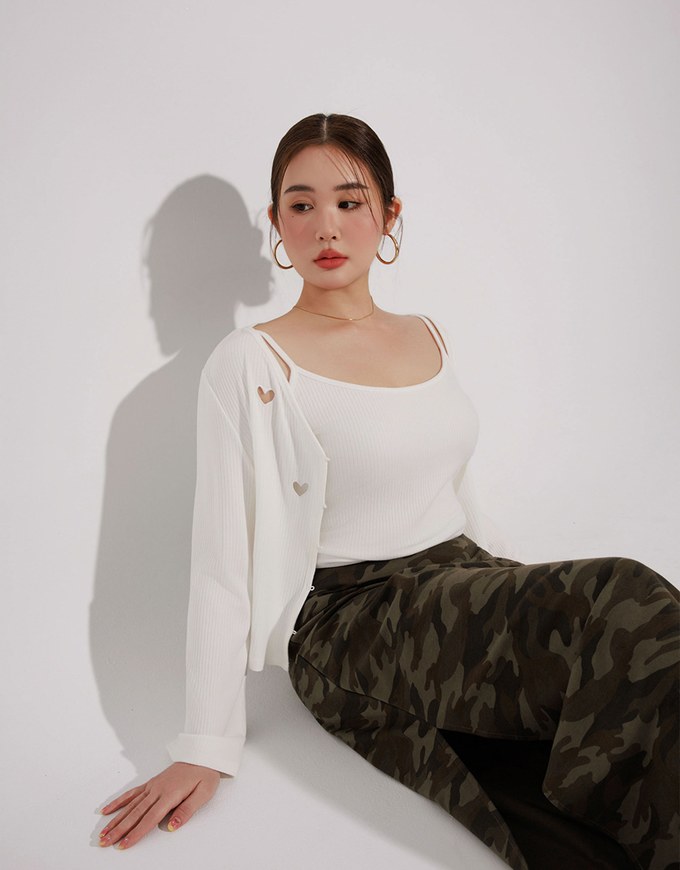 Heart Cutout Buttoned Knit Cardigan and Spaghetti Strap Crop Camisole Set Wear
