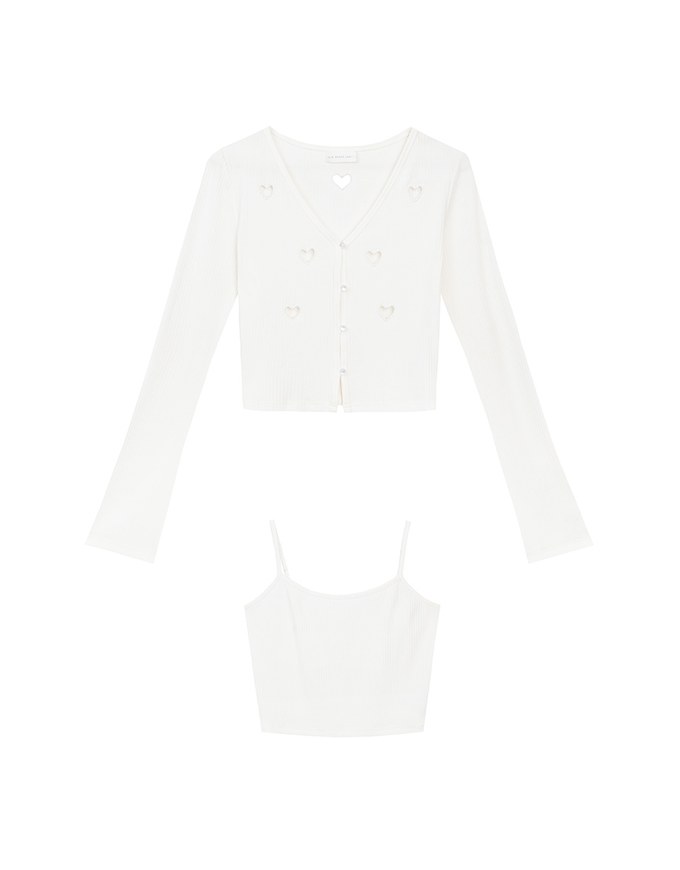 Heart Cutout Buttoned Knit Cardigan and Spaghetti Strap Crop Camisole Set Wear