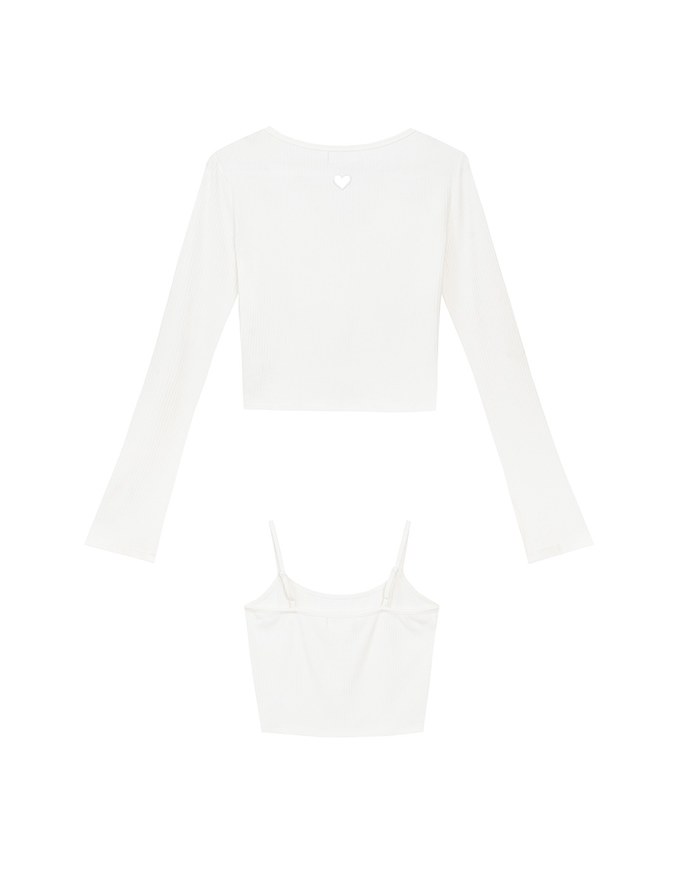 Heart Cutout Buttoned Knit Cardigan and Spaghetti Strap Crop Camisole Set Wear