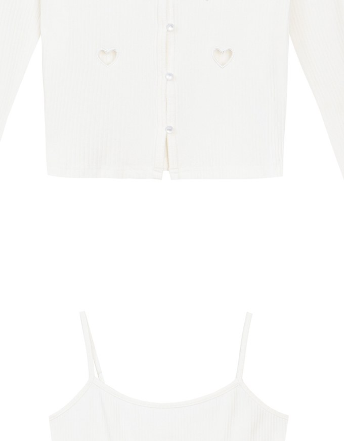 Heart Cutout Buttoned Knit Cardigan and Spaghetti Strap Crop Camisole Set Wear