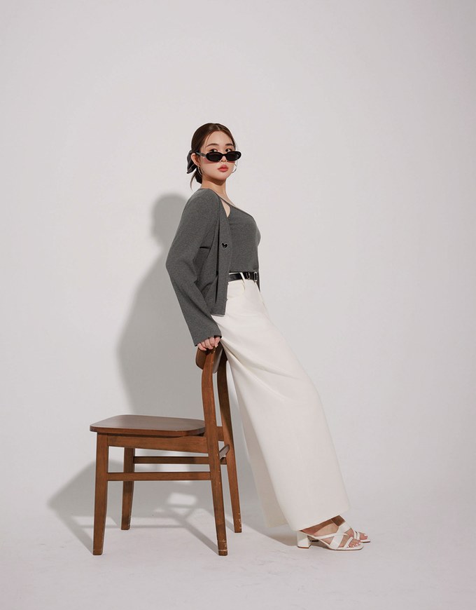 Heart Cutout Buttoned Knit Cardigan and Spaghetti Strap Crop Camisole Set Wear