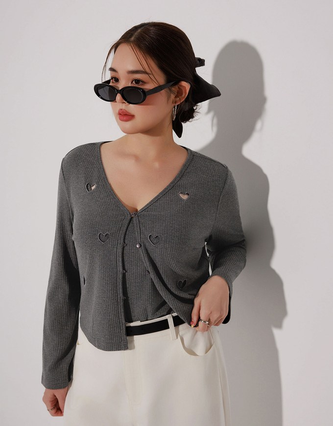 Heart Cutout Buttoned Knit Cardigan and Spaghetti Strap Crop Camisole Set Wear