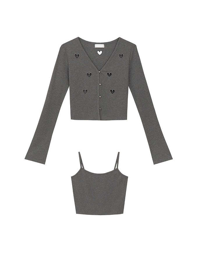 Heart Cutout Buttoned Knit Cardigan and Spaghetti Strap Crop Camisole Set Wear