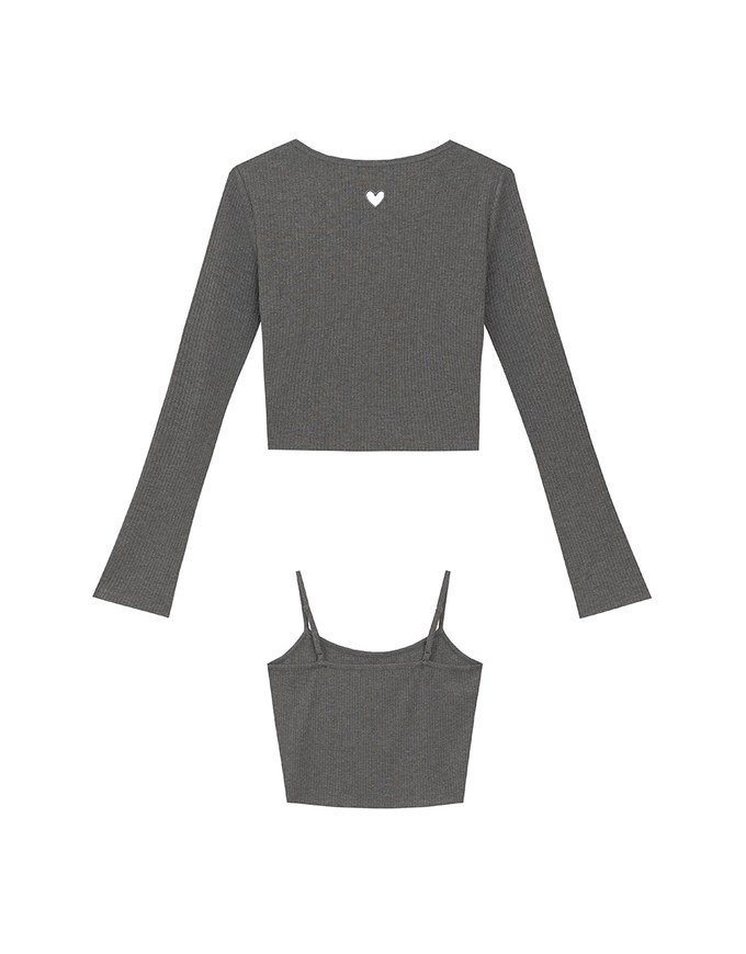 Heart Cutout Buttoned Knit Cardigan and Spaghetti Strap Crop Camisole Set Wear