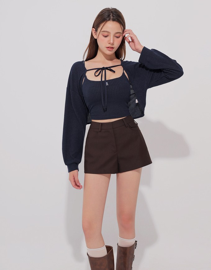 Cropped Knit Tie Front Cardigan with AIR SPACE Logo Embroidered Cami Padded Top Set Wear