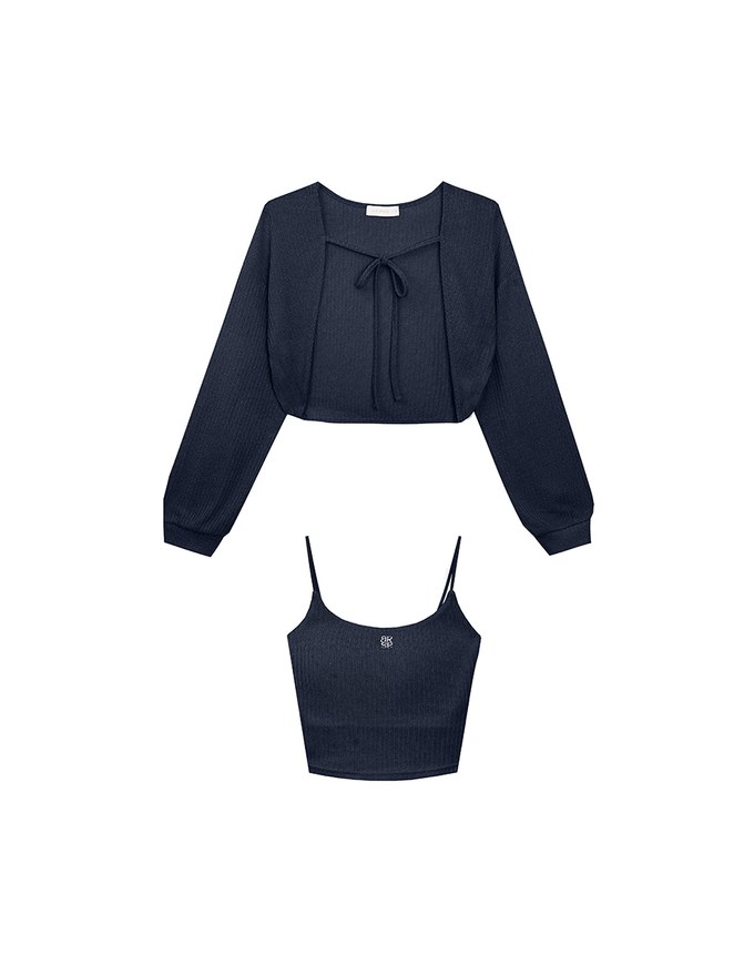 Cropped Knit Tie Front Cardigan with AIR SPACE Logo Embroidered Cami Padded Top Set Wear