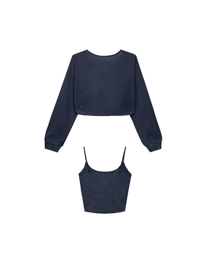 Cropped Knit Tie Front Cardigan with AIR SPACE Logo Embroidered Cami Padded Top Set Wear