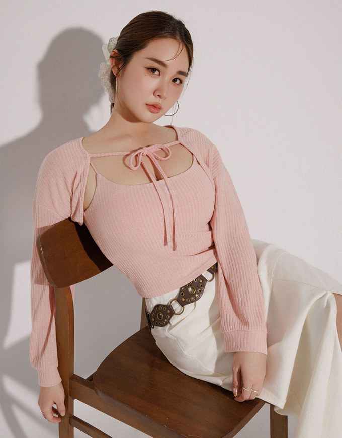 Cropped Knit Tie Front Cardigan with AIR SPACE Logo Embroidered Cami Padded Top Set Wear