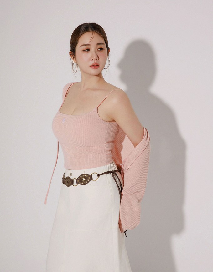 Cropped Knit Tie Front Cardigan with AIR SPACE Logo Embroidered Cami Padded Top Set Wear