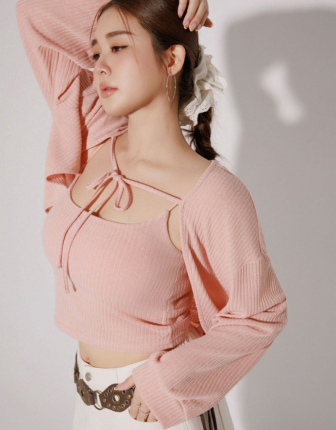 Cropped Knit Tie Front Cardigan with AIR SPACE Logo Embroidered Cami Padded Top Set Wear